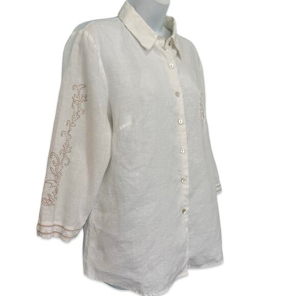 Vintage White Irish Linen Beaded Long Sleeve Button Up Blouse XL Richard Malcolm - Picture 2 of 9